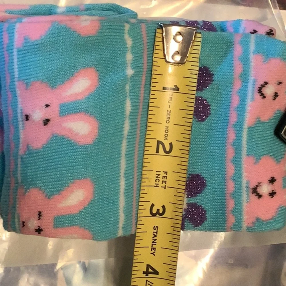 TEAL & PINK Knee high bunny socks w/purple glitter flowers, NWT